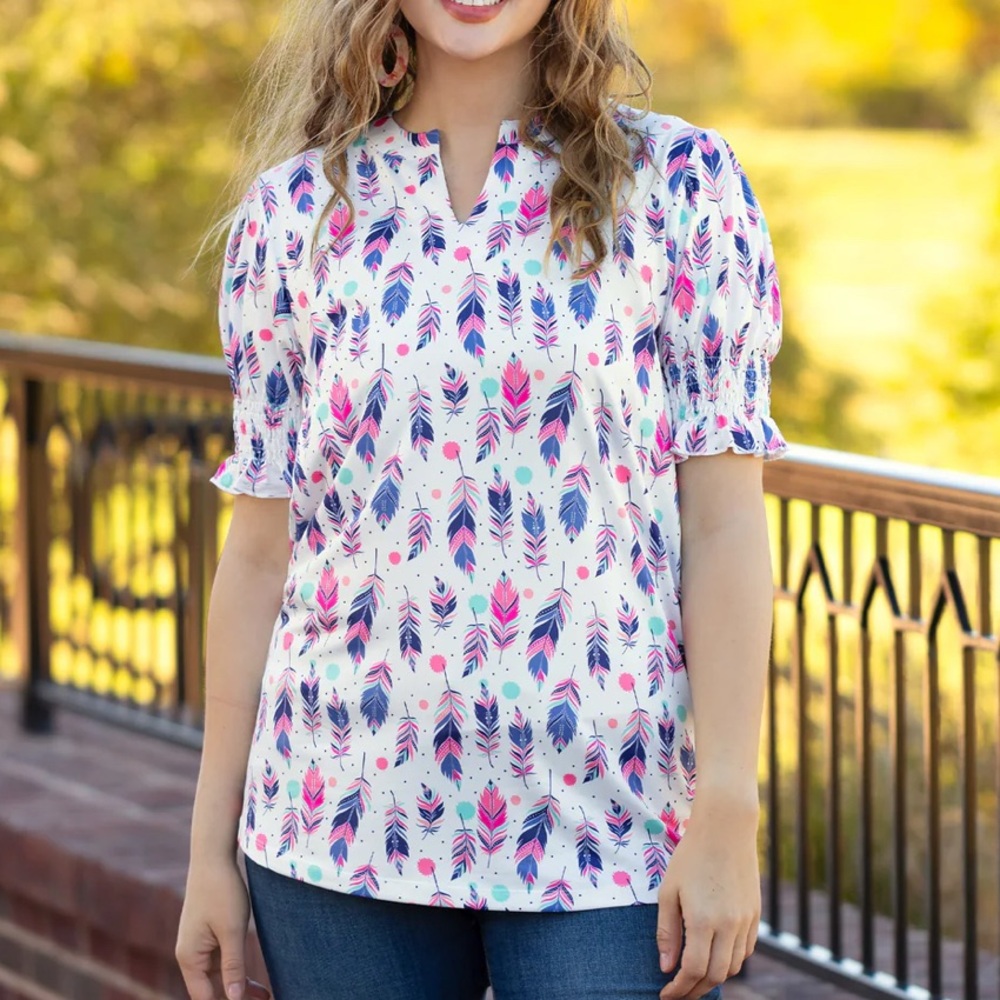 White and Multicolor Feather Print Blouse‎ NWT